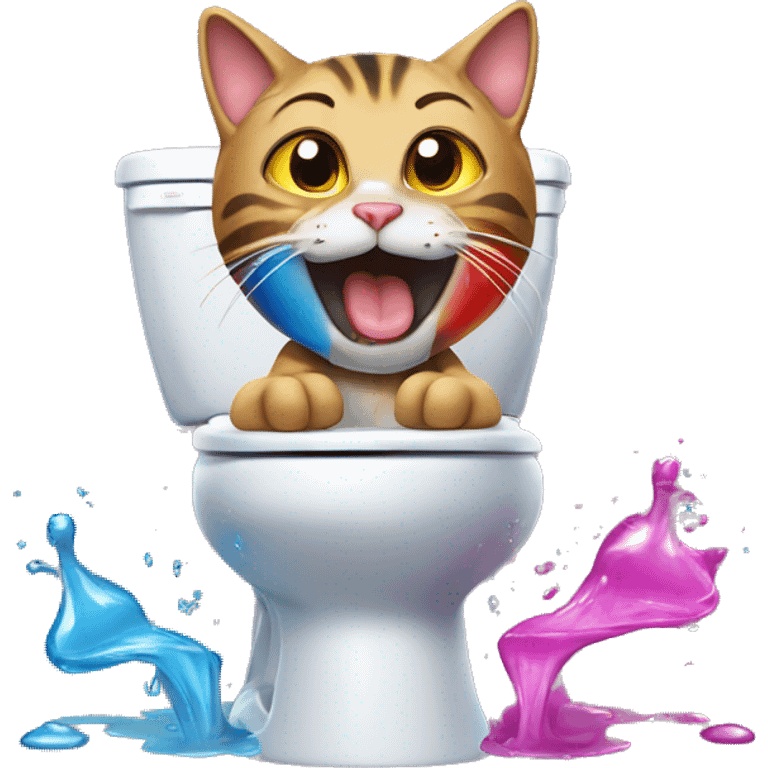 Tabby cat stands on the toilet and pours a large amount of colored water from its mouth emoji