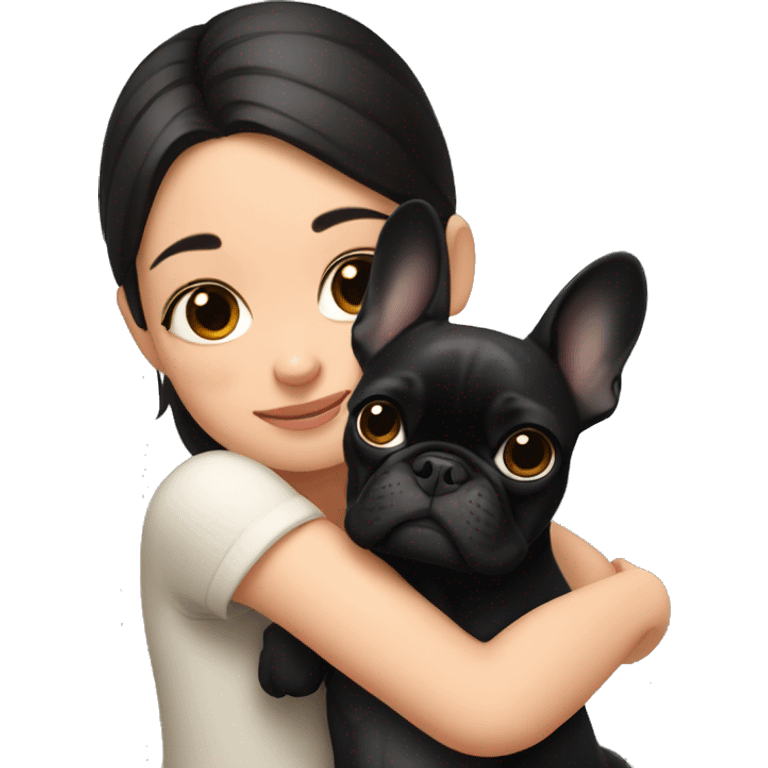 A girl with dark hair hugs a black French bulldog emoji