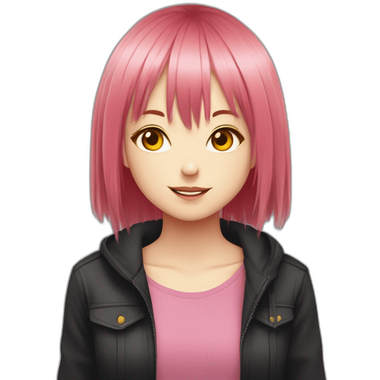 (gril) makima from the manga chainsawman with pink/red hair fringe, yellow eyes with a circle inside and a black shirt emoji