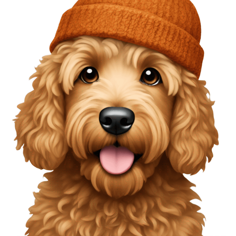 Mini goldendoodle in rust winter hat  emoji