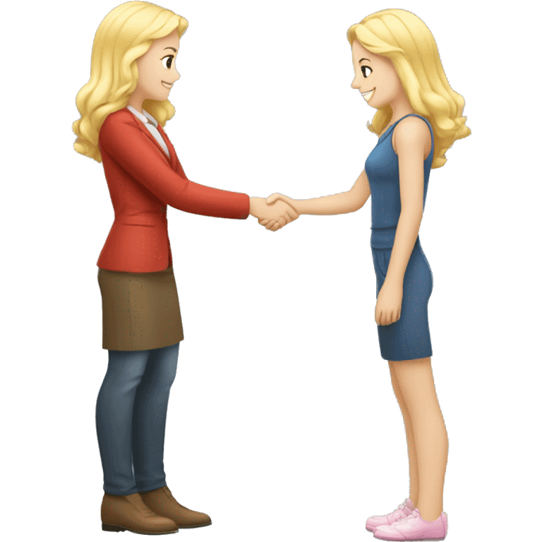 A 40-year-old fair-skinned entrepreneur shakes hands with an 18-year-old fair-skinned blonde girl, full-length emoji emoji