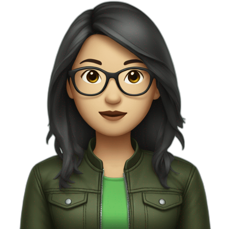 asian girl with glasses and a leather jacket with a green shirt and long dark hair emoji