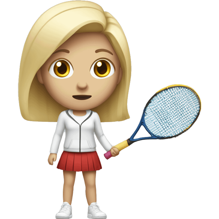 blond and white tall girl wearing normal clothes scared with tennis racket at hand defending herself emoji