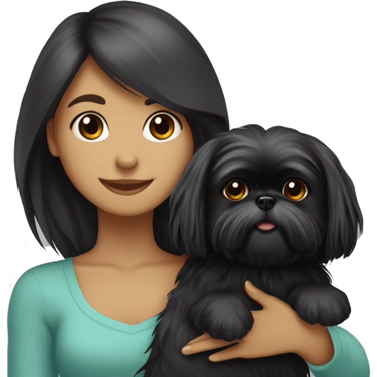 long-haired girl carrying happy black Shih Tzu emoji