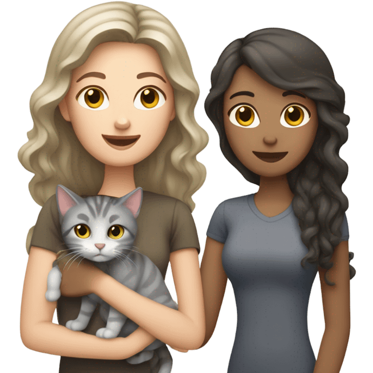 Family emoji, one white woman with straight dark brown hair holding a grey tabby cat,  one white woman with curly long dark hair holding a dark grey cat emoji