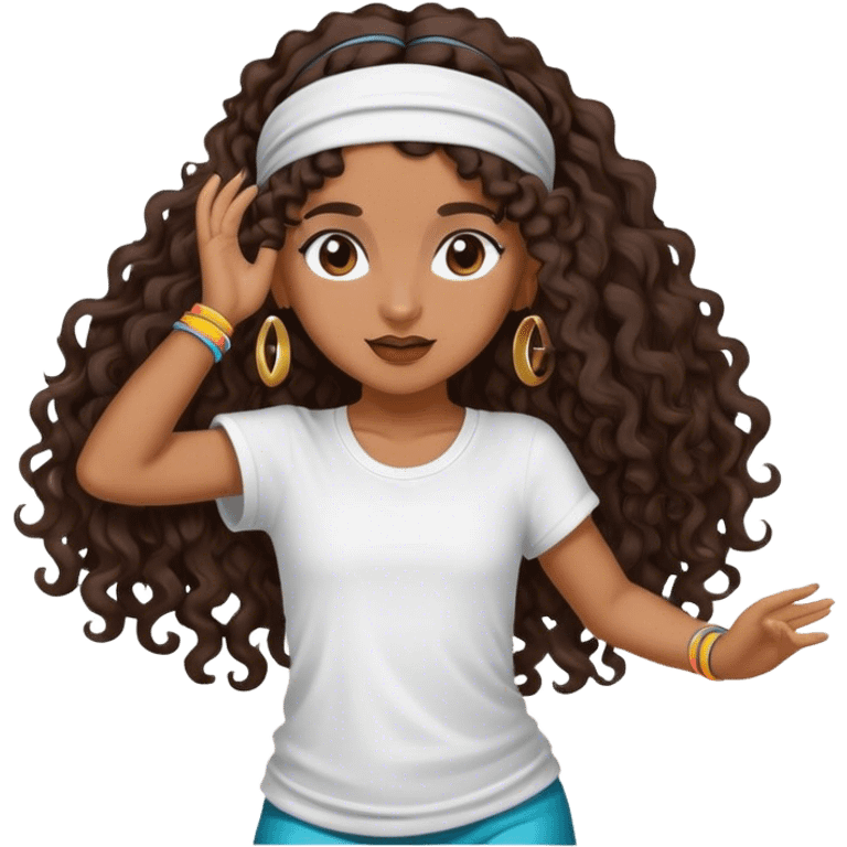 Dancing brown girl with long darn brown curly hair with headband hip hop emoji