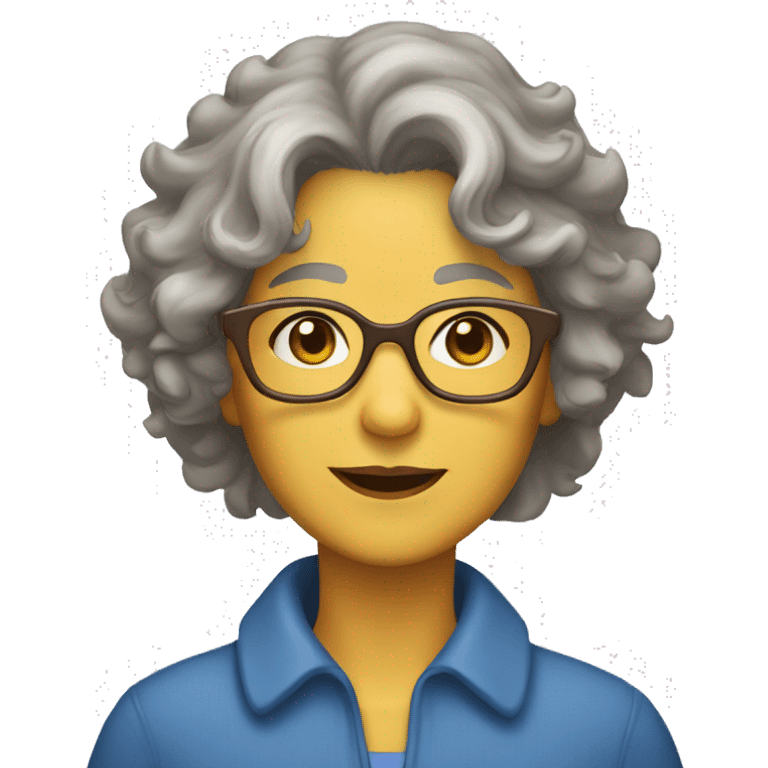 a 60 year old lady with short messy, curly, grey hair, blue glasses, light brown skin, dark brown eyes, and a yellow shirt emoji