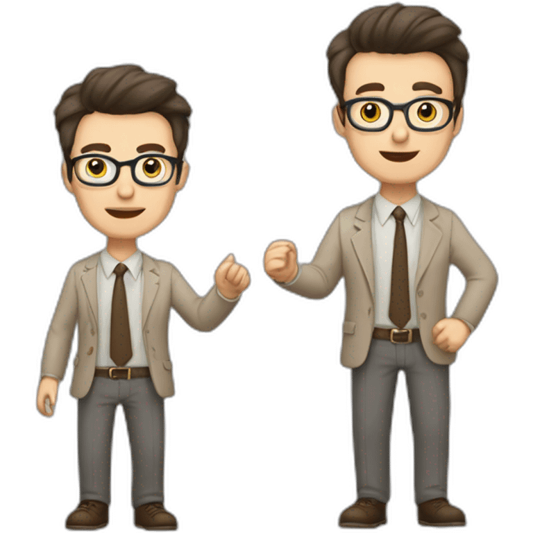 To belt Actively gesturing with hands Pale skinned fit man teacher with dark brown hair in gray jacket, beige office shirt, brown tie, brown pants and vintage glasses. emoji