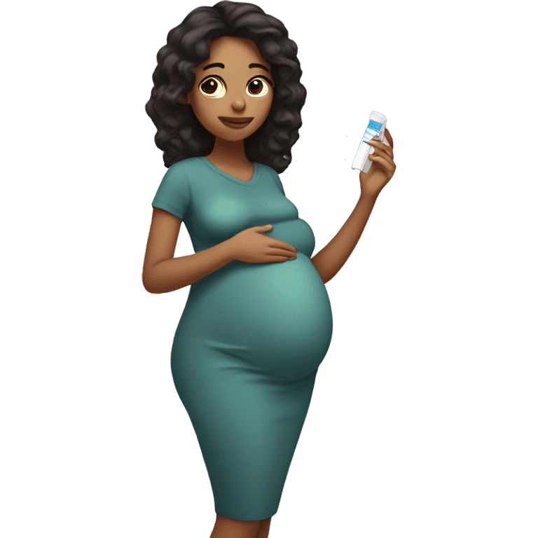 pregnant girl with dark hair holding pregnancy test in hand emoji