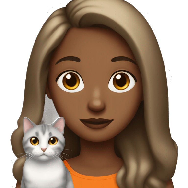 brown girl long brown hair with the under part blonde and a gray and black cat with orange spots on her shoulder emoji