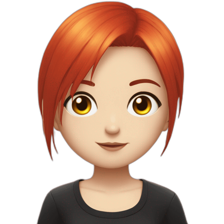 (gril) makima from the manga chainsawman with red hair fringe, yellow eyes with a circle inside and a black shirt emoji