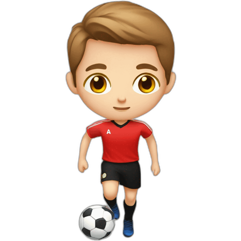 WHITE CHILD, BROWN HAIR, BLACK EYE, STRAIGHT WITH RED SHIRT AND BLACK SHORTS PLAYING SOCCER emoji