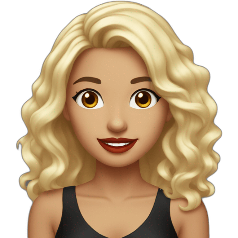 young moroccan woman with dark brown eyes, dark long curling hair with blond extrimity, red lips, big smile, black dress emoji