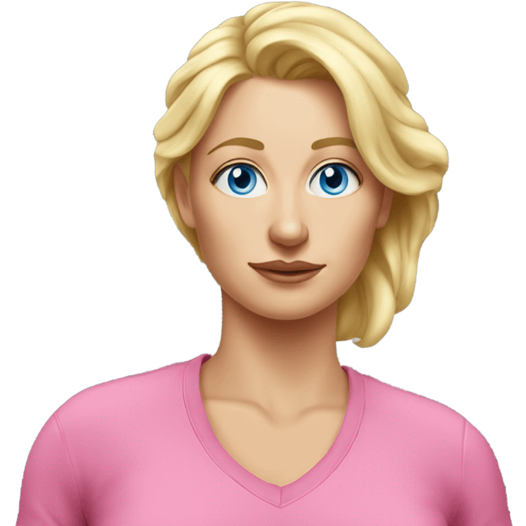 blue eyed blonde mom sweating , realistic pink emoji