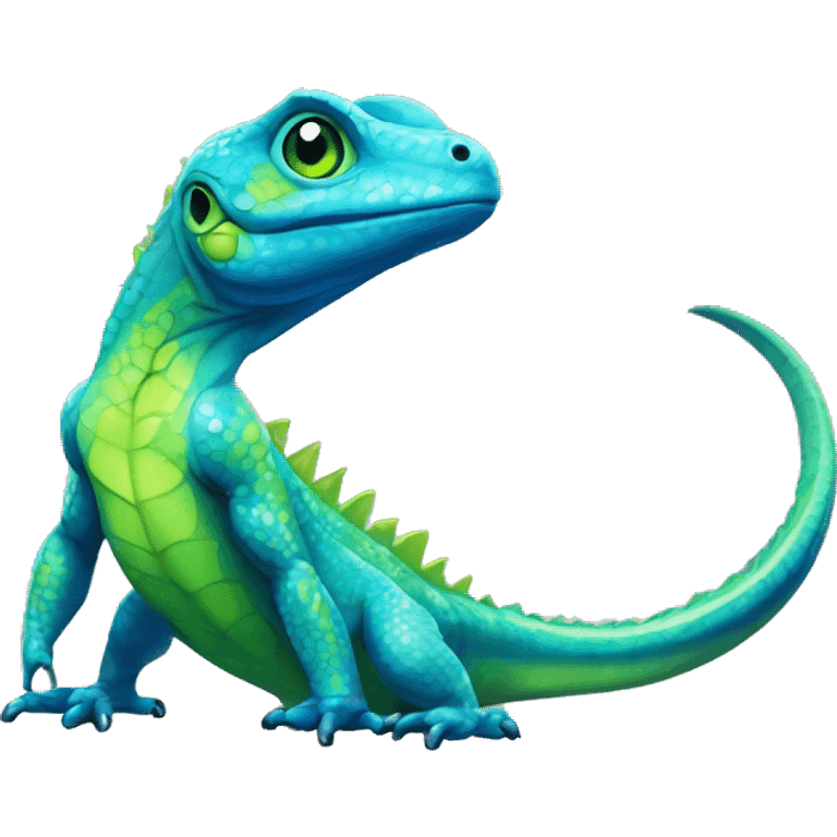 A Cyan Shiny Glossy Lizard-Reptile-Raptor-Fakémon with dark-blue patterns and light-green belly Full Body emoji