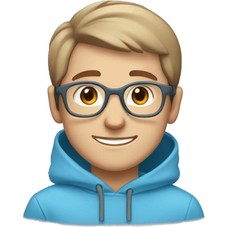 boy wearing a blue hoodie with light brown short hair wearing grey glasses and he has a cute smile, light blue-grey eyes and hearts around him. emoji