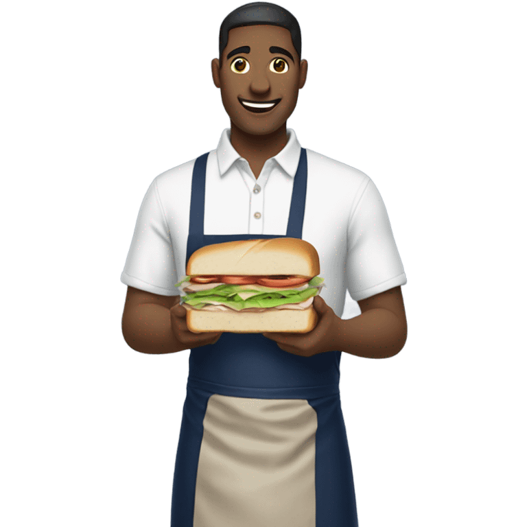 Male man worker with white shirt and navy apron with khakis and hat holding a sandwhich emoji