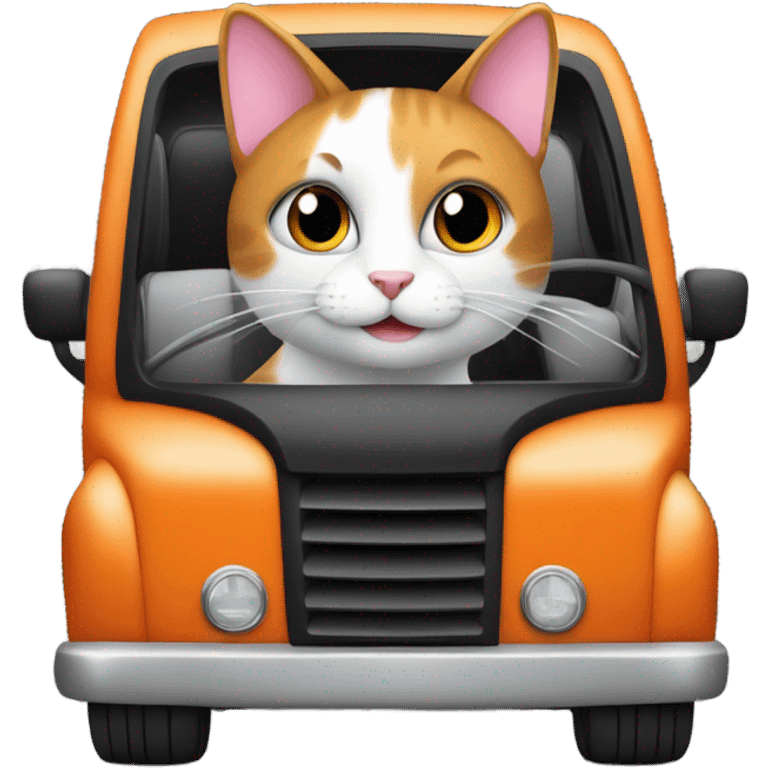 A black and white cat driving an orange SUV ￼ emoji