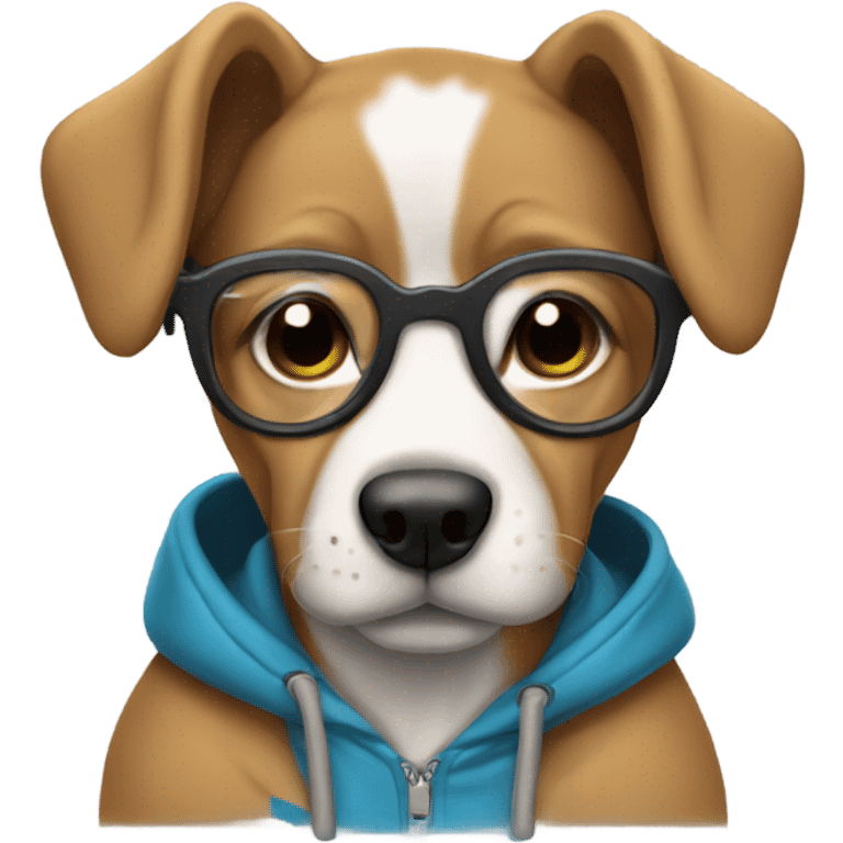 A pup wearing glasses and a hoodie emoji