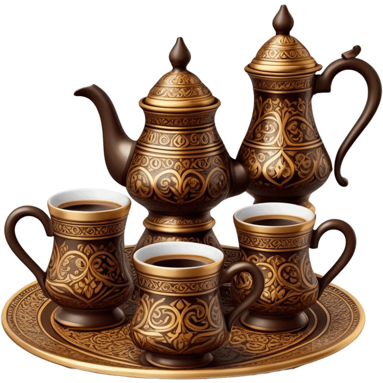 Turkish Coffee Set – Cinematic Realistic Turkish Coffee Set, depicted as an elegantly arranged ensemble of ornate coffee cups and a traditional cezve pot, adorned with intricate patterns and rich, warm colors, rendered with detailed textures and soft ambient lighting that captures its cultural heritage. emoji