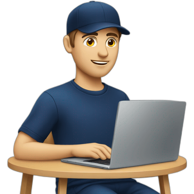 european guy wearing navy cap using laptop emoji