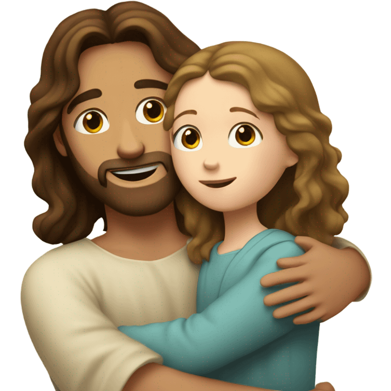 Jesus hugging white girl with wavy brown hair emoji