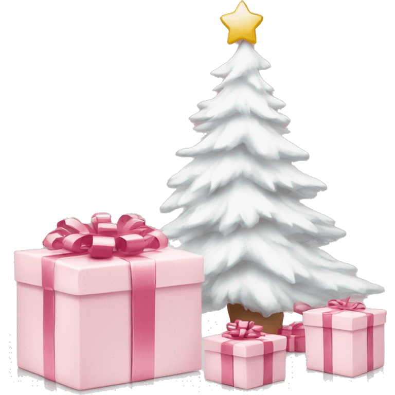 Light pink Christmas gifts under a white Christmas tree  emoji