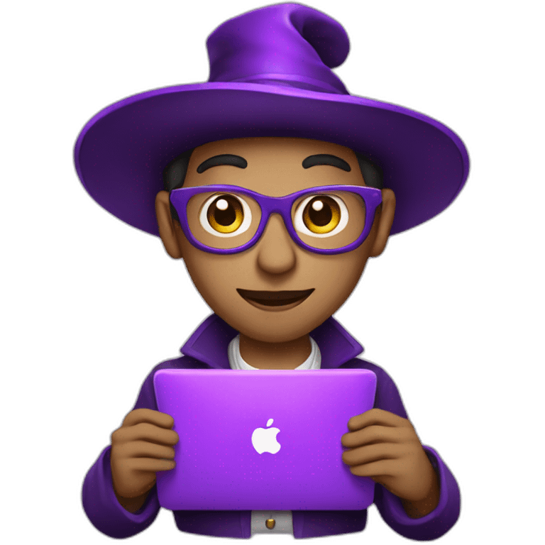 light skin magician with a purple magic hat working on a macbook emoji