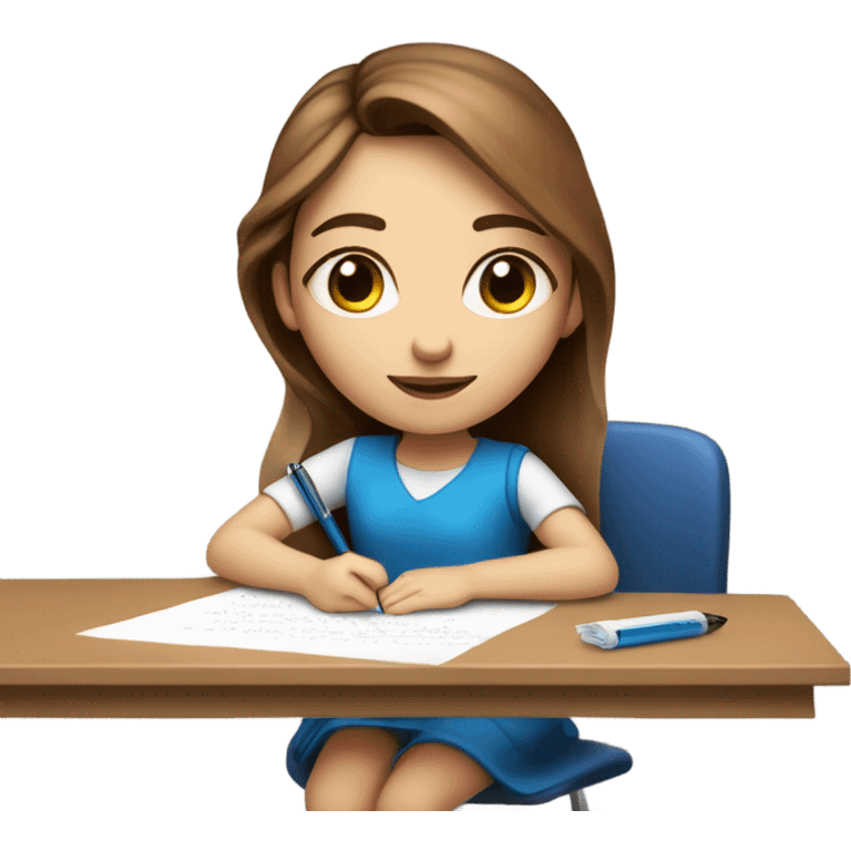 White Smart brown hair girl with blue eyes and light skin on a desk writing on a piece of paper  emoji