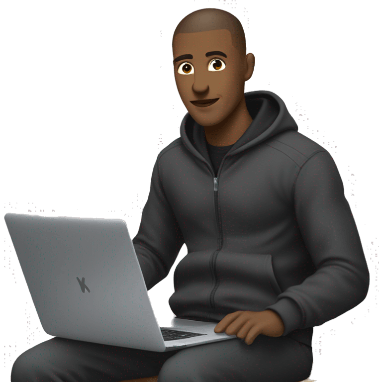 Black-guy-with-buzz-cut-wearing-black-trackstuit-sitting-down-on-chair facing-foward-focused-on-laptop-computer- emoji