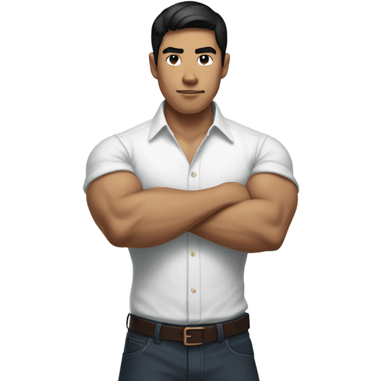 black-haired Asian man wearing a white formal shirt with folded sleeves while having a big biceps emoji