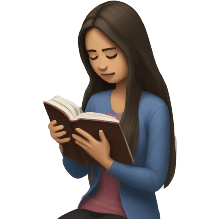 brunette long hair woman crying tears down face while holding and reading book emoji