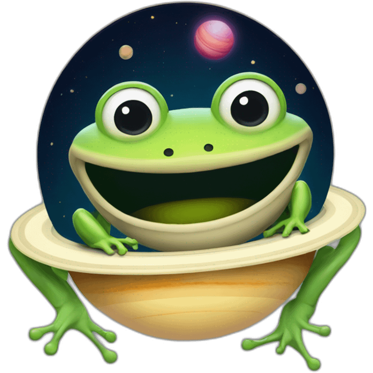 planet Saturn with a cartoon beaming frog face with smiling eyes emoji