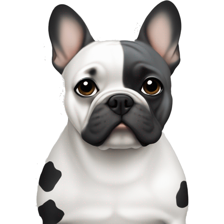 Gray and white Frenchie with black spots with a blonde woman emoji