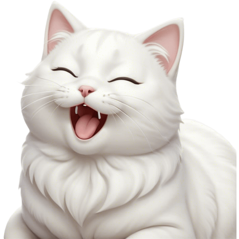 Cinematic Cute Yawning White Cat Portrait Emoji, Head gently tilted with an endearing, wide-open yawn and softly closed eyes, showcasing a pristine white fur with delicate hints of silver, simplified yet irresistibly adorable, highly detailed, glowing with a tender, cozy radiance, high shine, exuding sleepy charm and gentle affection, styled with a soft glowing outline, capturing the essence of a white cat caught mid-yawn, radiating pure, adorable lethargy! emoji