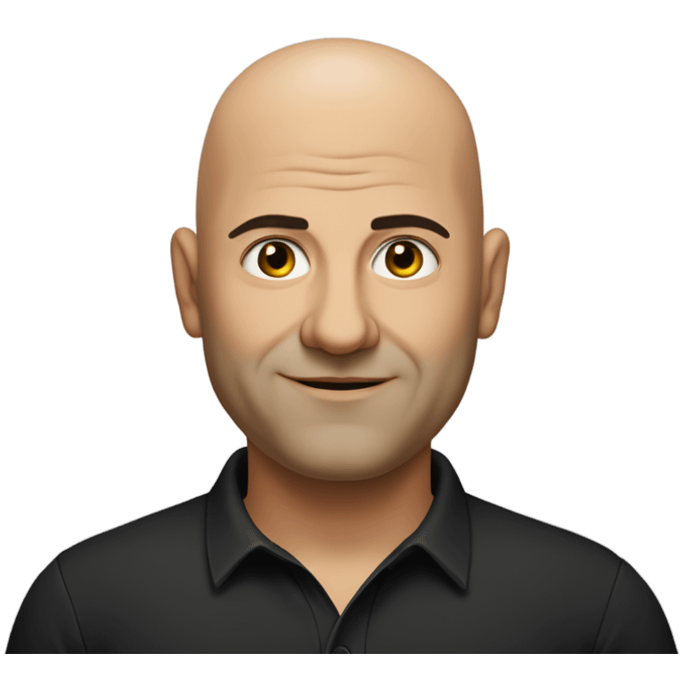 A slightly overweight middle-aged Italian man with olive-toned skin with bald hair and no facial hair. He is wearing a sleek black smart shirt, casually unbuttoned at the top. emoji