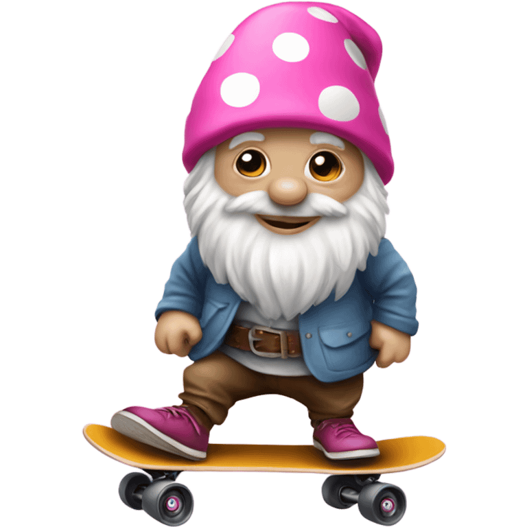 Gnome riding a skateboard with a pink polka dot hat emoji