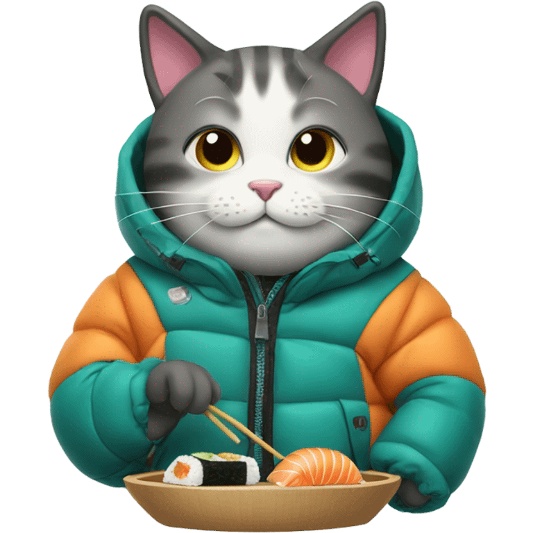 cat wearing a puffy jacket eating sushi emoji