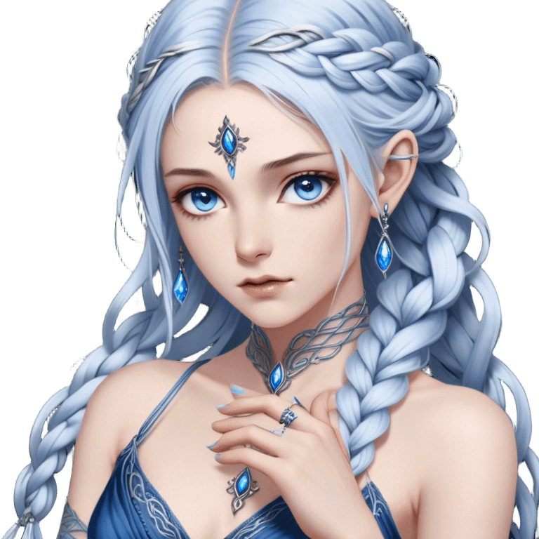 A cold and formidable female Fae with piercing steel-blue eyes, her gaze sharp enough to cut. Her long, silver-streaked hair is swept into a loose yet elegant braid. Dressed in a dark, form-fitting gown with intricate silver embroidery, she exudes an aura of untouchable power. Her fingers rest lightly on the hilt of an obsidian dagger, the only outward sign of the warrior within emoji