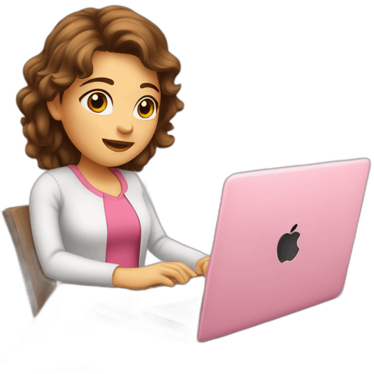 Girl with brown hair brown eyes white skin pink shirt sitting and looking eye up in front of Apple laptop emoji