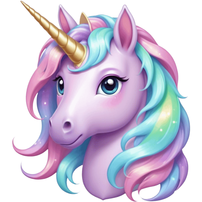 Cinematic pastel-colored unicorn, flowing iridescent mane, big sparkling eyes, tiny rounded hooves, soft chubby cheeks, delicate magical glow surrounding, enchanting and dreamy. emoji