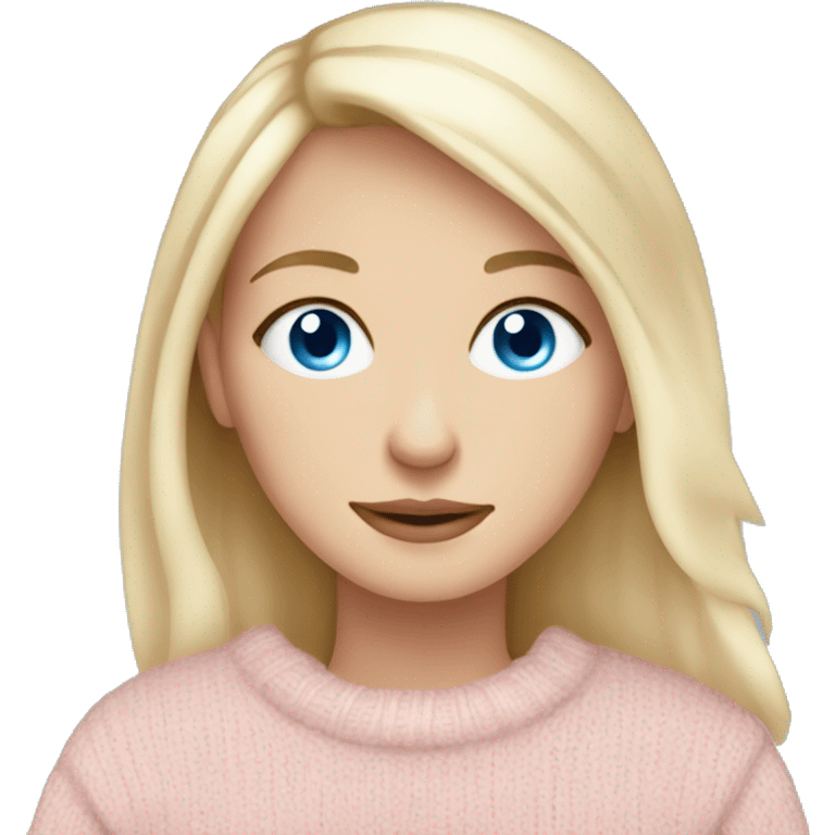 Pretty blue eyed white girl with light pink sweater reading cozy emoji