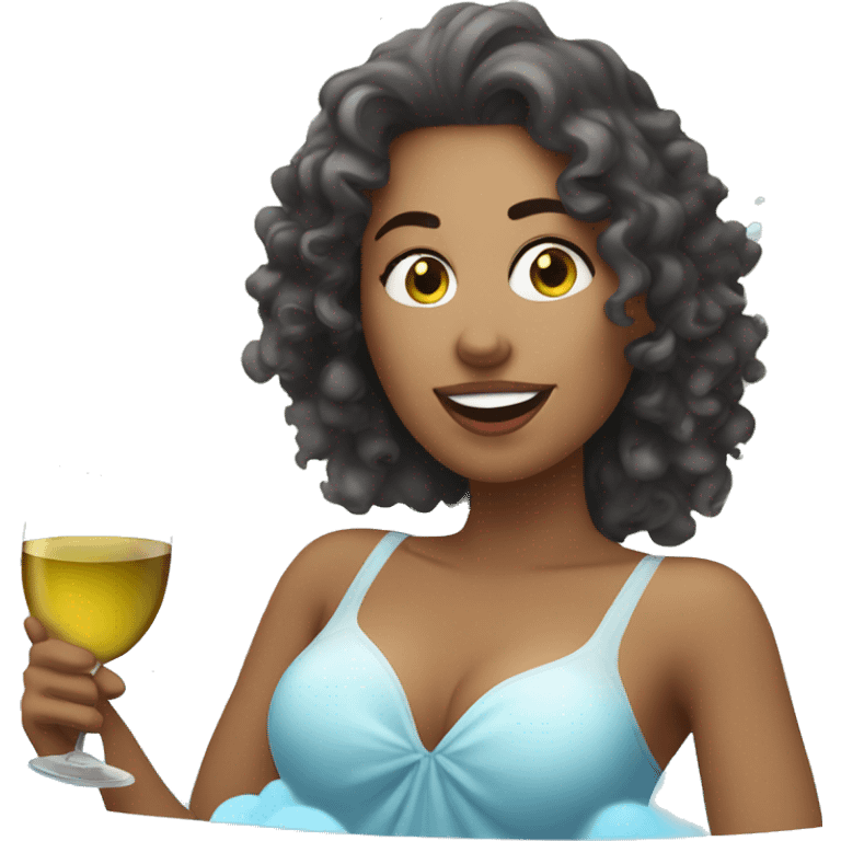 White Woman with curly hair drinking wine in a bubble bath emoji