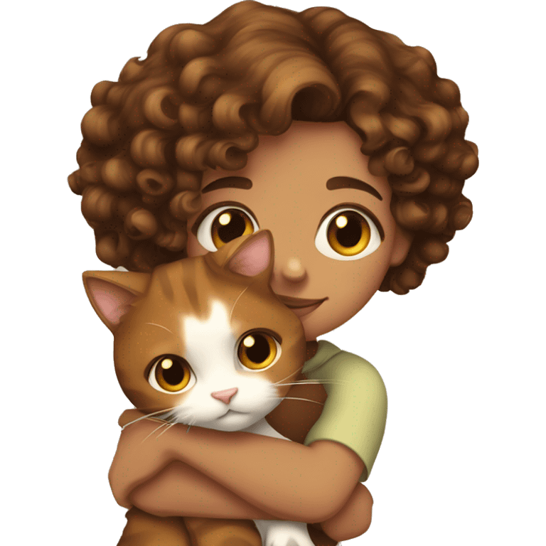  Brown curly hair girl hug calico cat emoji