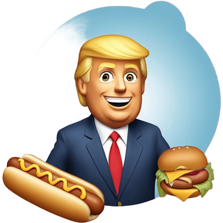 Donald trump cartoon saying “it’s ok to be…” and he is holding a hot dog bun with two hot dogs emoji