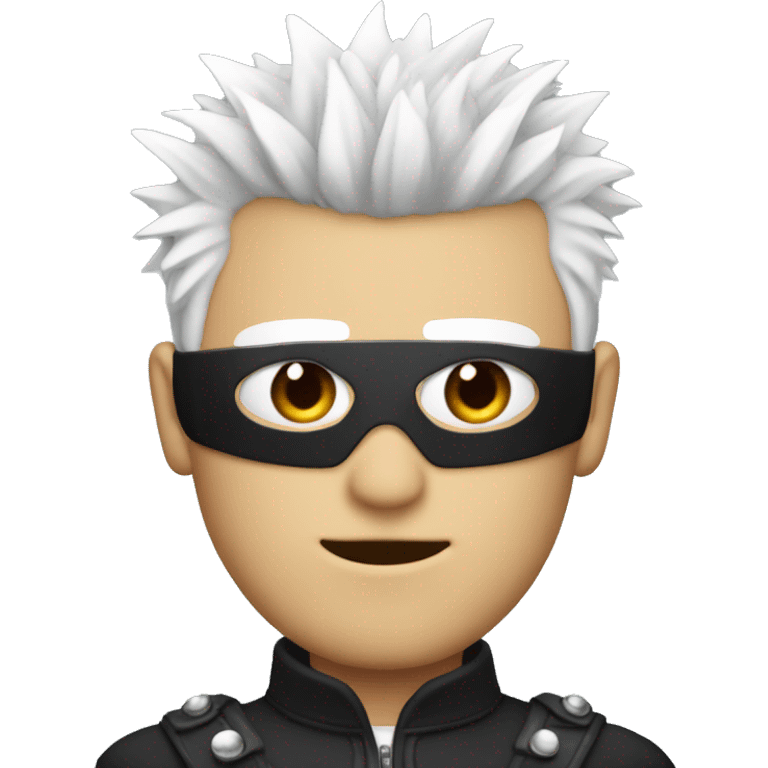 a tall guy with white spiky hair and a blindfold with a black jacket  emoji