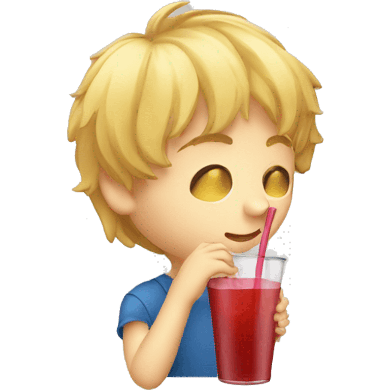 A blonde boy sucking or drinking juice with a straw while his hand is holding the drink, profile view emoji