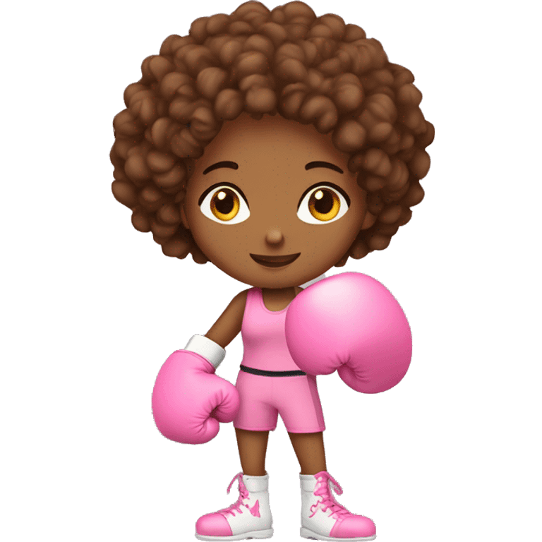 Brown curly girl wearing pink boxing gloves emoji