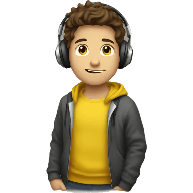 a brown hair boy with headphone and yellow pullover ay "hi" emoji