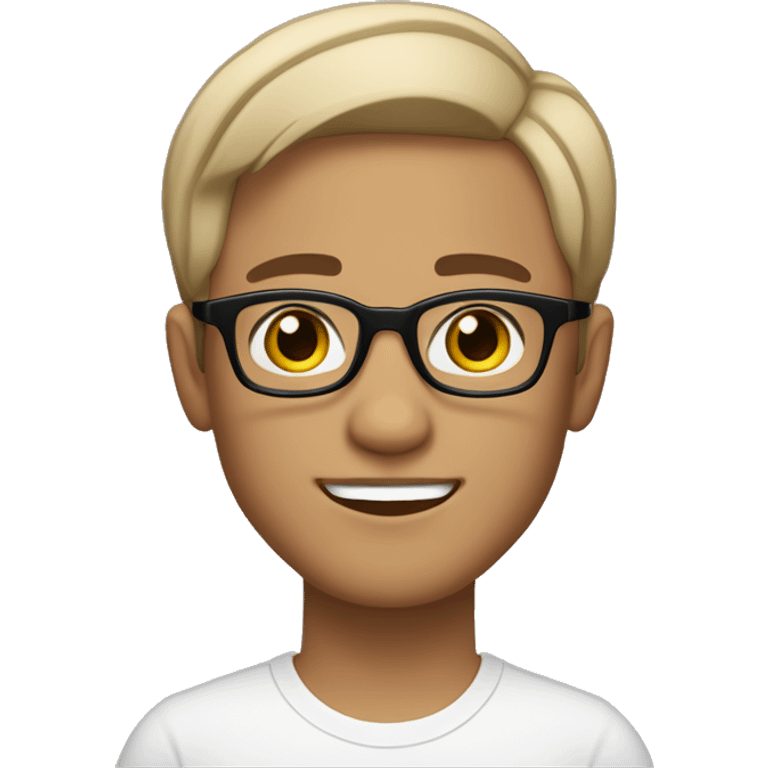 Skin Tone: Light-medium, Short hair wavy hair with a bit of volume on top
Eyebrows: Thick, dark eyebrows with a slightly curved shape.
Eyes: Medium-sized, dark brown eyes with a neutral expression.
Glasses: Black, rectangular glasses with a thin frame. emoji